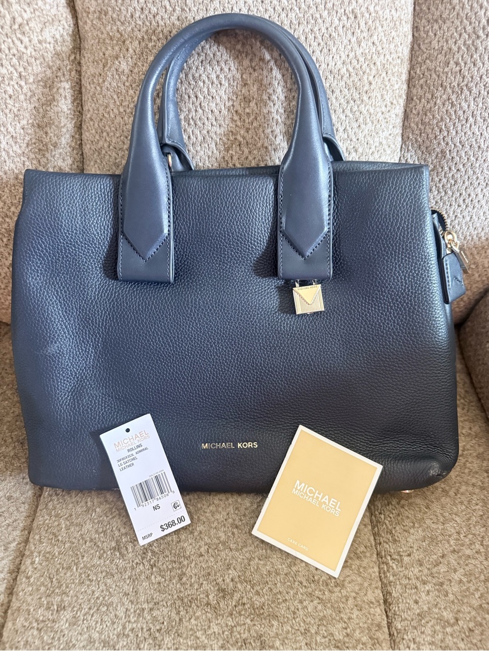Michael Kors Navy Pebbled Leather Satchel with Gold Hardware